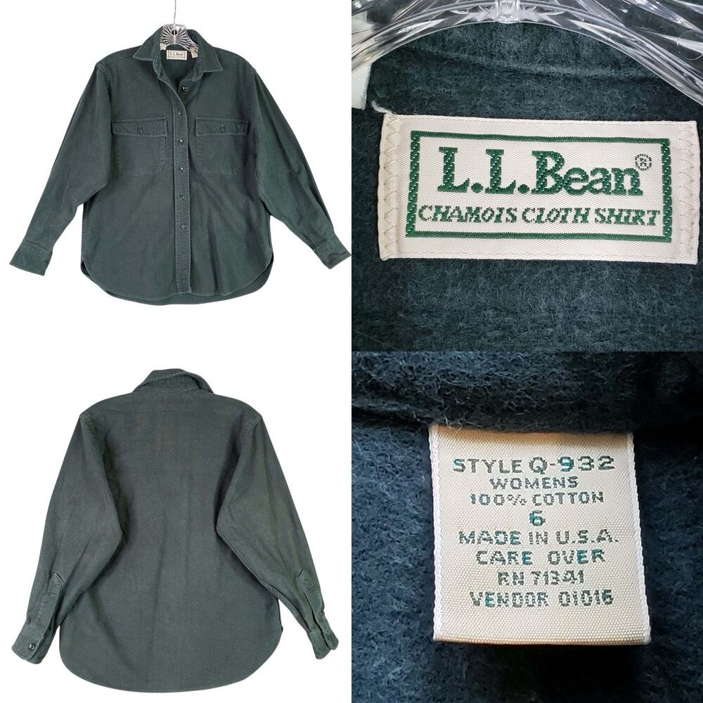 LL Bean Shirt Chamois Mens Size 6 Green LS Button Down Cotton Flannel Vintage